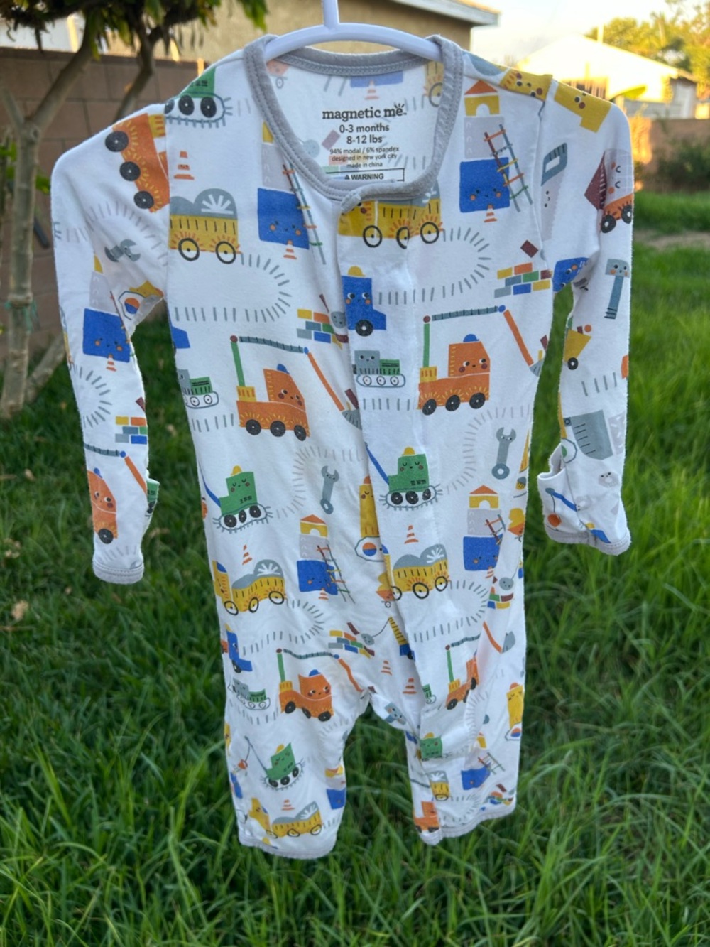 Magnetic Me White One-Piece Footie with Multicolor Construction Print